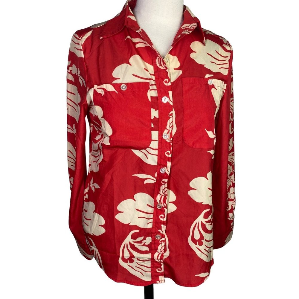 NWT Z & I floral button front collar shirt top red beige tan nude long sleeve M